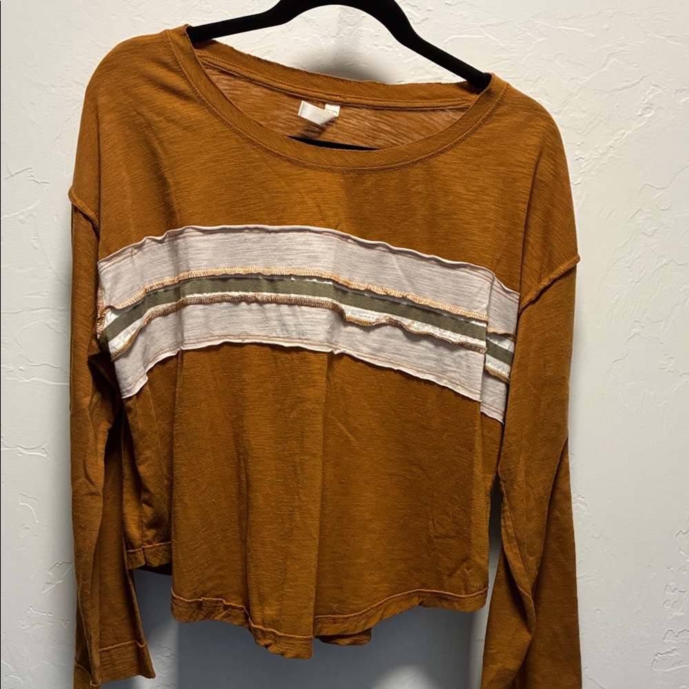 Wishlist Brown Long Sleeve Top with Stripe Accent